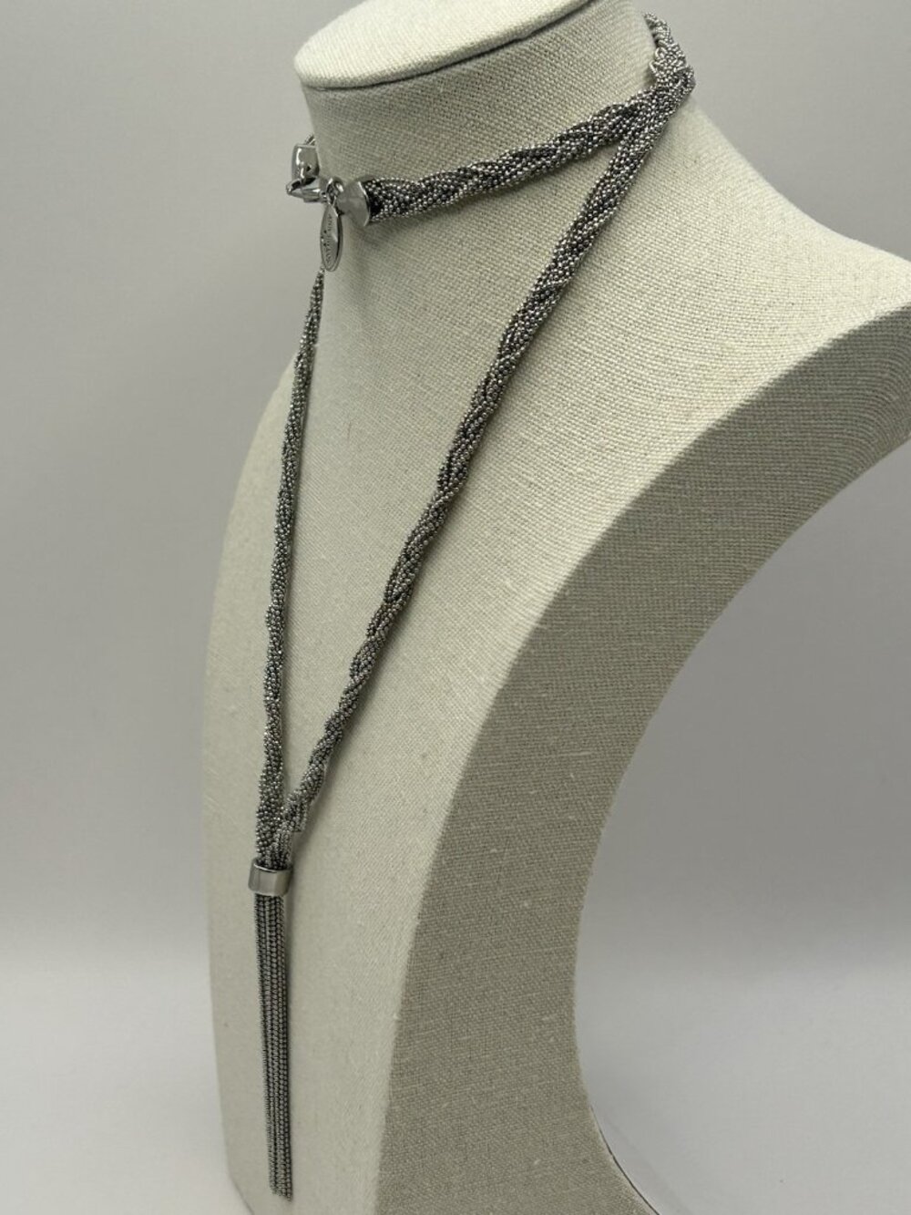 Ann Taylor Tassel Necklace LONG Silver Tone Braided Chain Signed Jewelry Gift - Picture 4 of 9